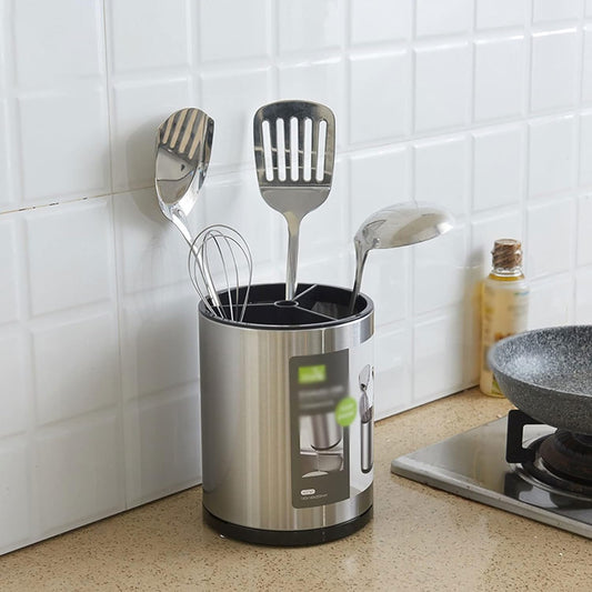 Cubiertero Giratorio De Acero Con Divisiones Plateado Y Negro