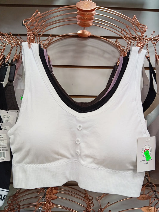 Corpiño deportivo con botones y frunce. Talle: M/L, L/XL.
