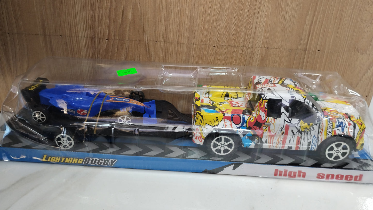 Chara con autos de carrera de juguete