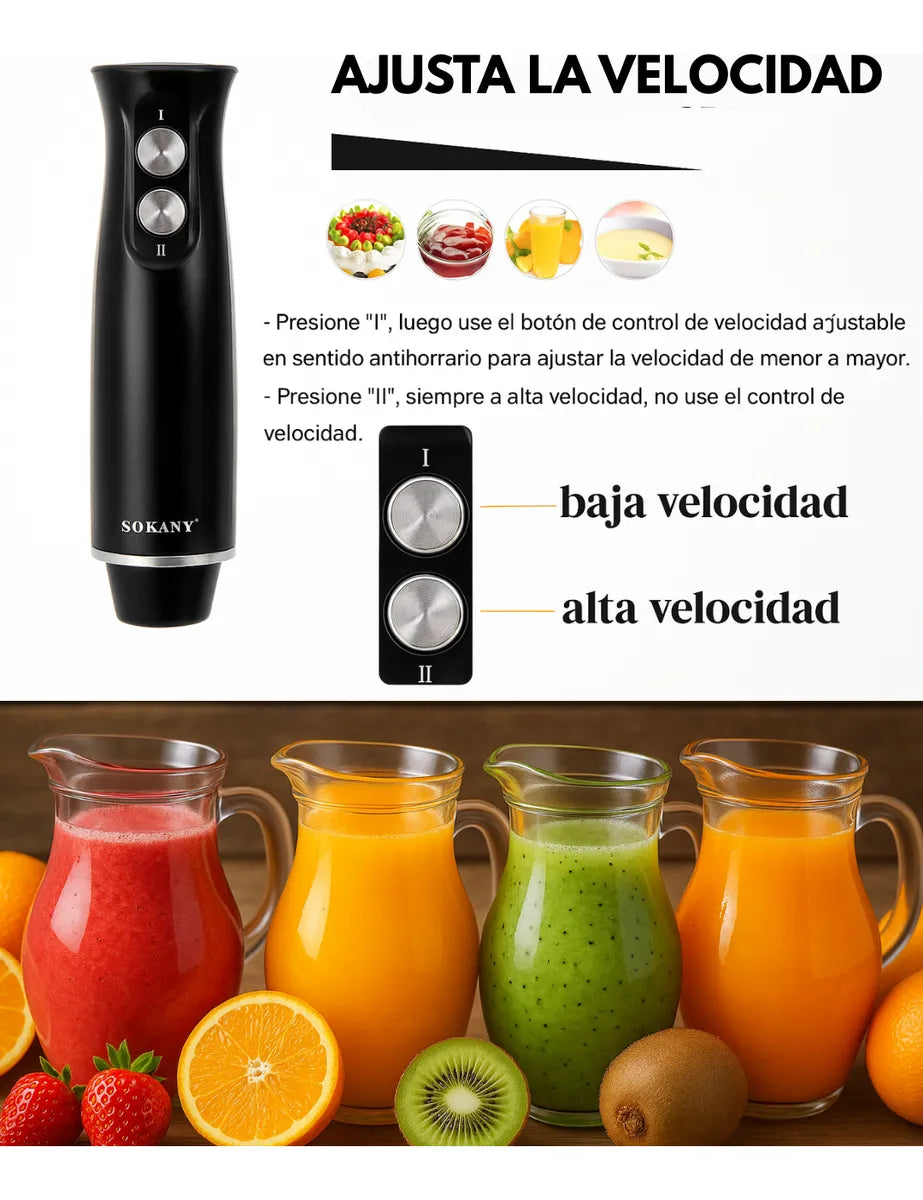 Mini Pimer Mixer Batidora Inmersión Procesador 4 En 1 Sokany Negro