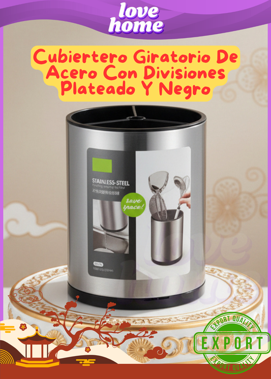 Cubiertero Giratorio De Acero Con Divisiones Plateado Y Negro