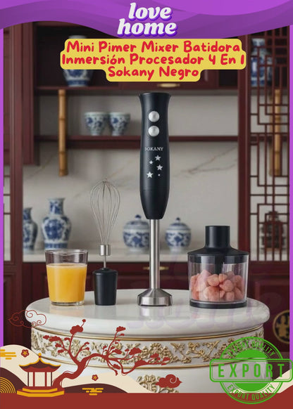 Mini Pimer Mixer Batidora Inmersión Procesador 4 En 1 Sokany Negro