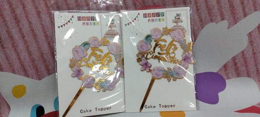Topper para tortas con feliz cumpleaños y flores